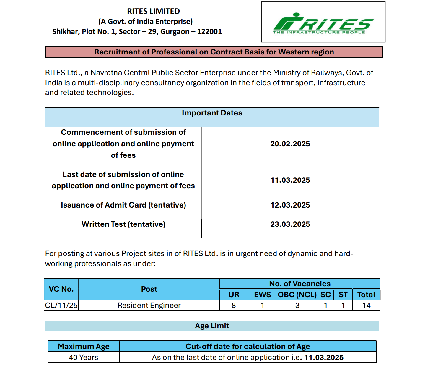 Best Rites Engineering Professional (Resident Engineer) 2025 Jobs